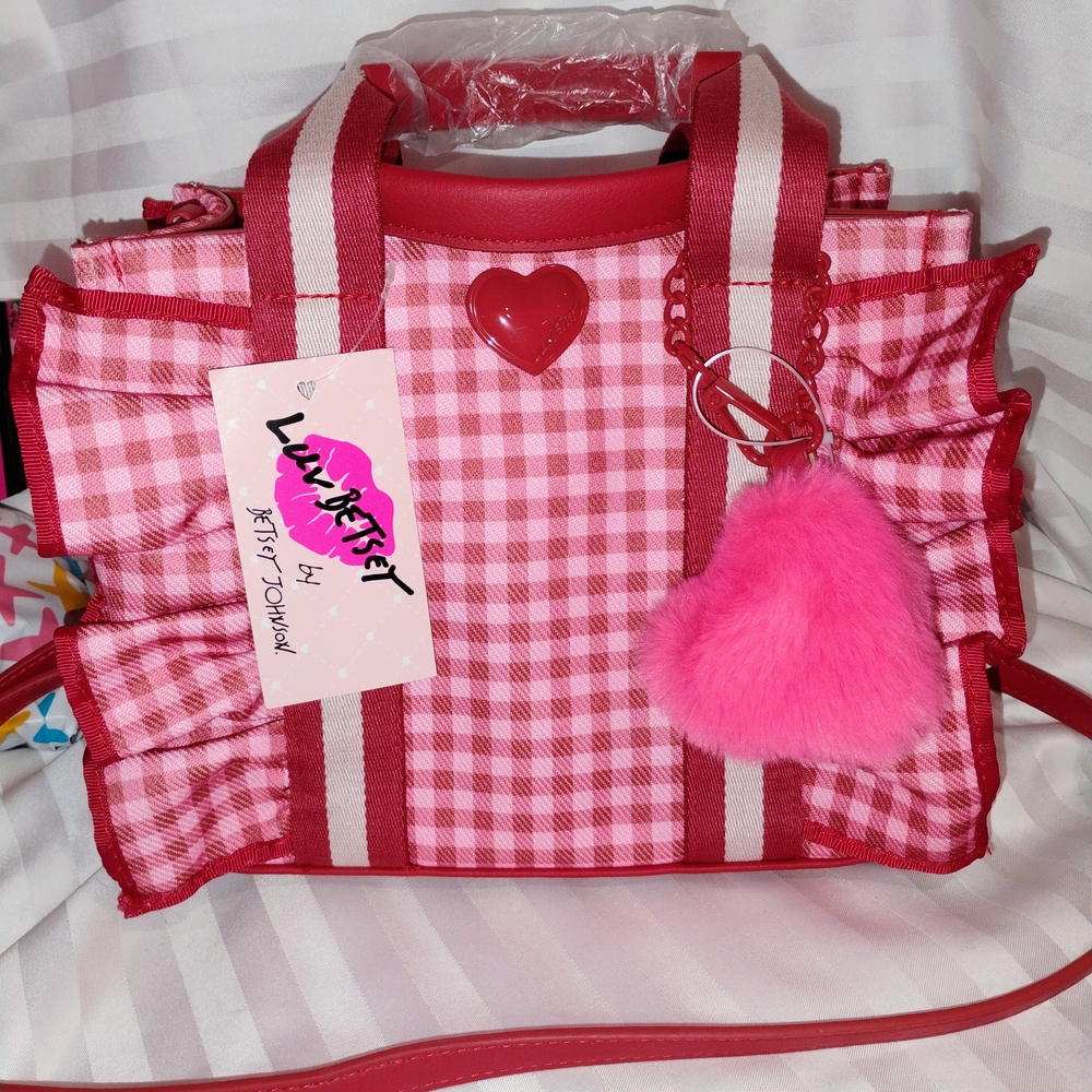 Betsey Johnson Love Betsey.Pink,Red Gingham Heart Accent Tote